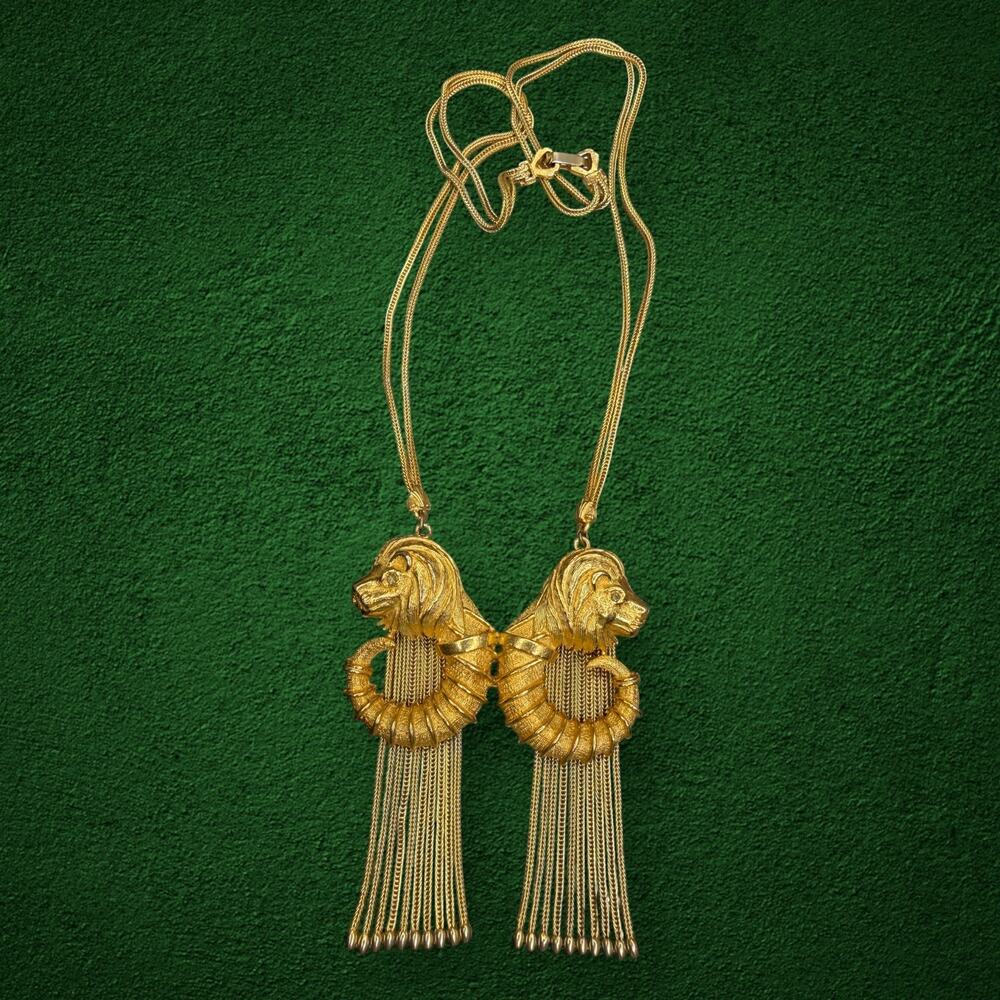 Rare Vintage Rosenfeld by Florenza Double Lion Head Tassel Necklace 22”